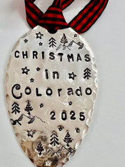 Recycled silver plate spoon ornament with red and black ribbon