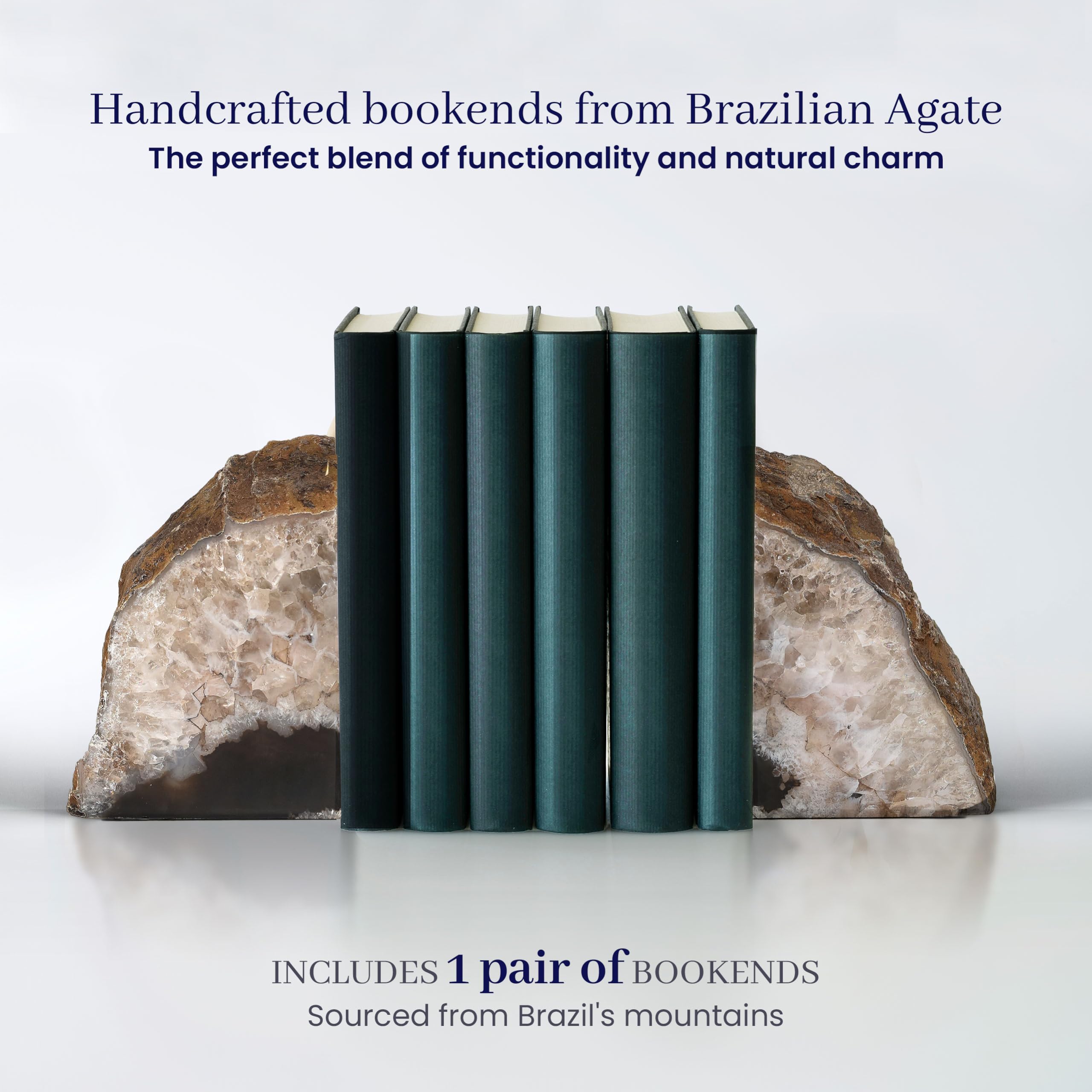 Handcrafted Brazilian stone bookends on shelf