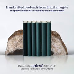 Handcrafted Brazilian stone bookends on shelf
