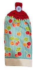 Handcrafted Cherry Red Crochet Top Kitchen Towel with giant hanging button