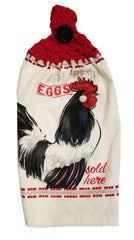 Handcrafted cherry red kitchen towel with crochet top rooster eggs motif