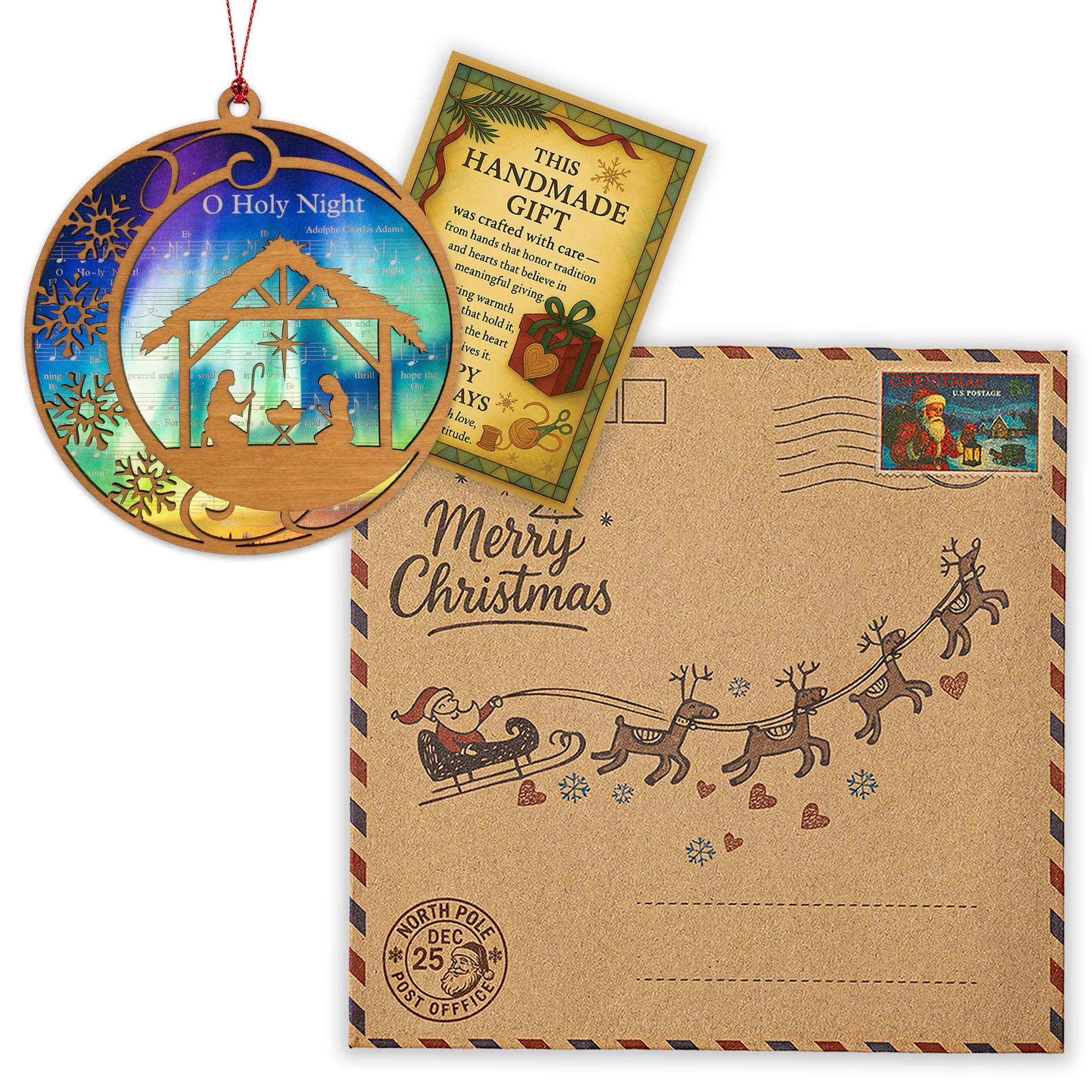 Gift-ready packaging kraft envelope and story card with Christmas Nativity ornament 2025