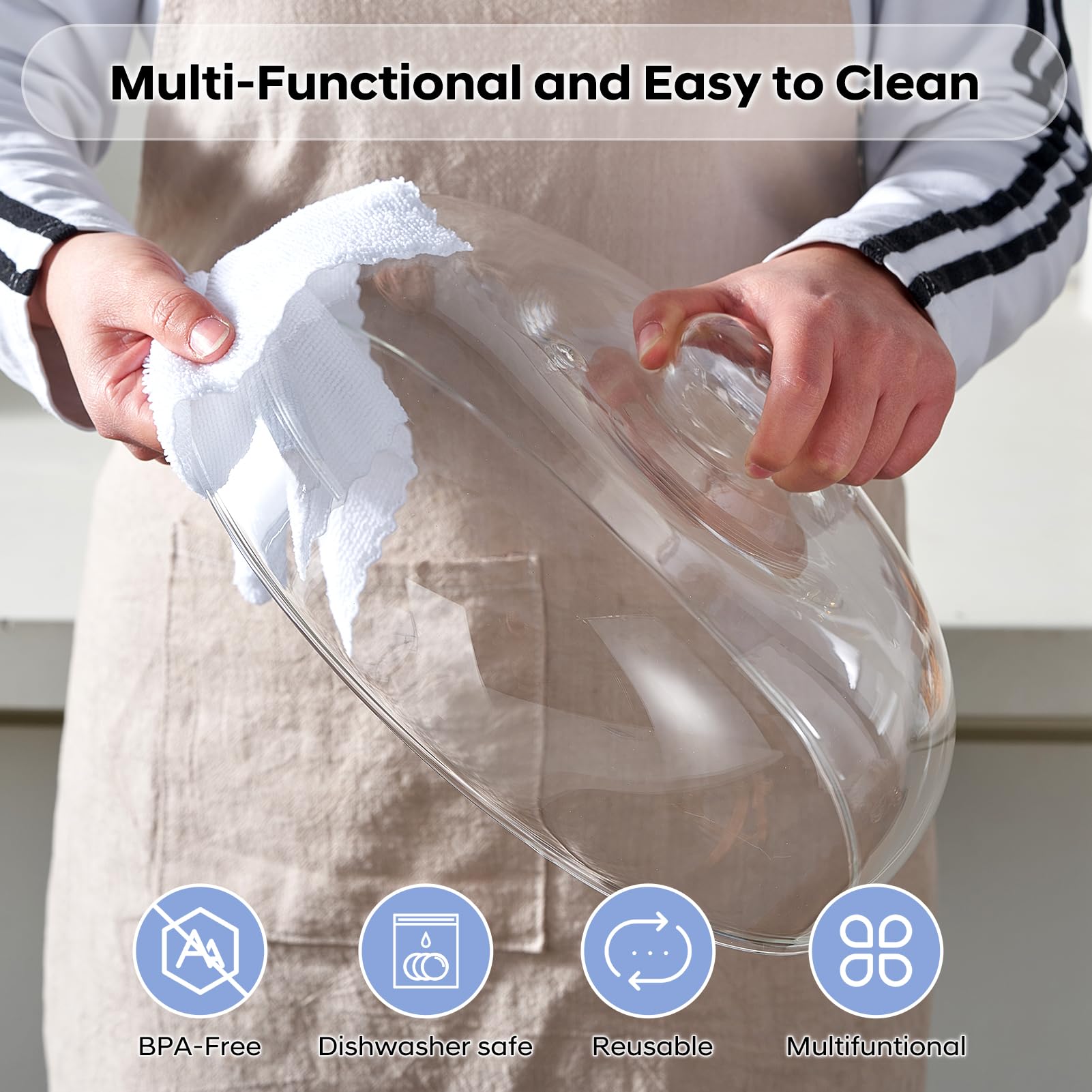 Dishwasher safe glass splatter cover fits most bowls and plates