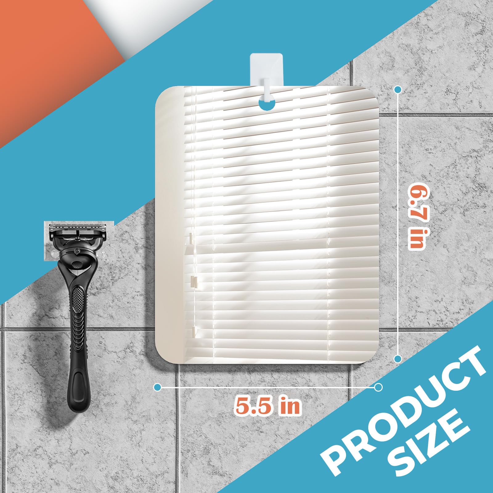 Handheld use of fogless shower mirror by adhesive wall hooks