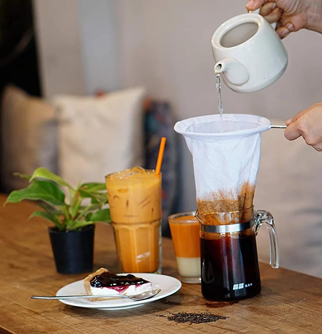 Intended to strain Thai tea into a glass or pot