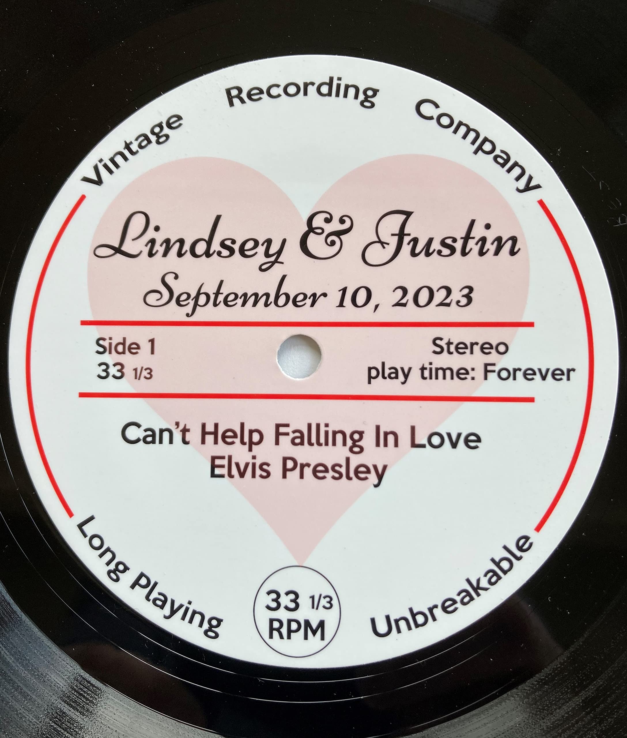 Custom vinyl record center label for anniversary gift