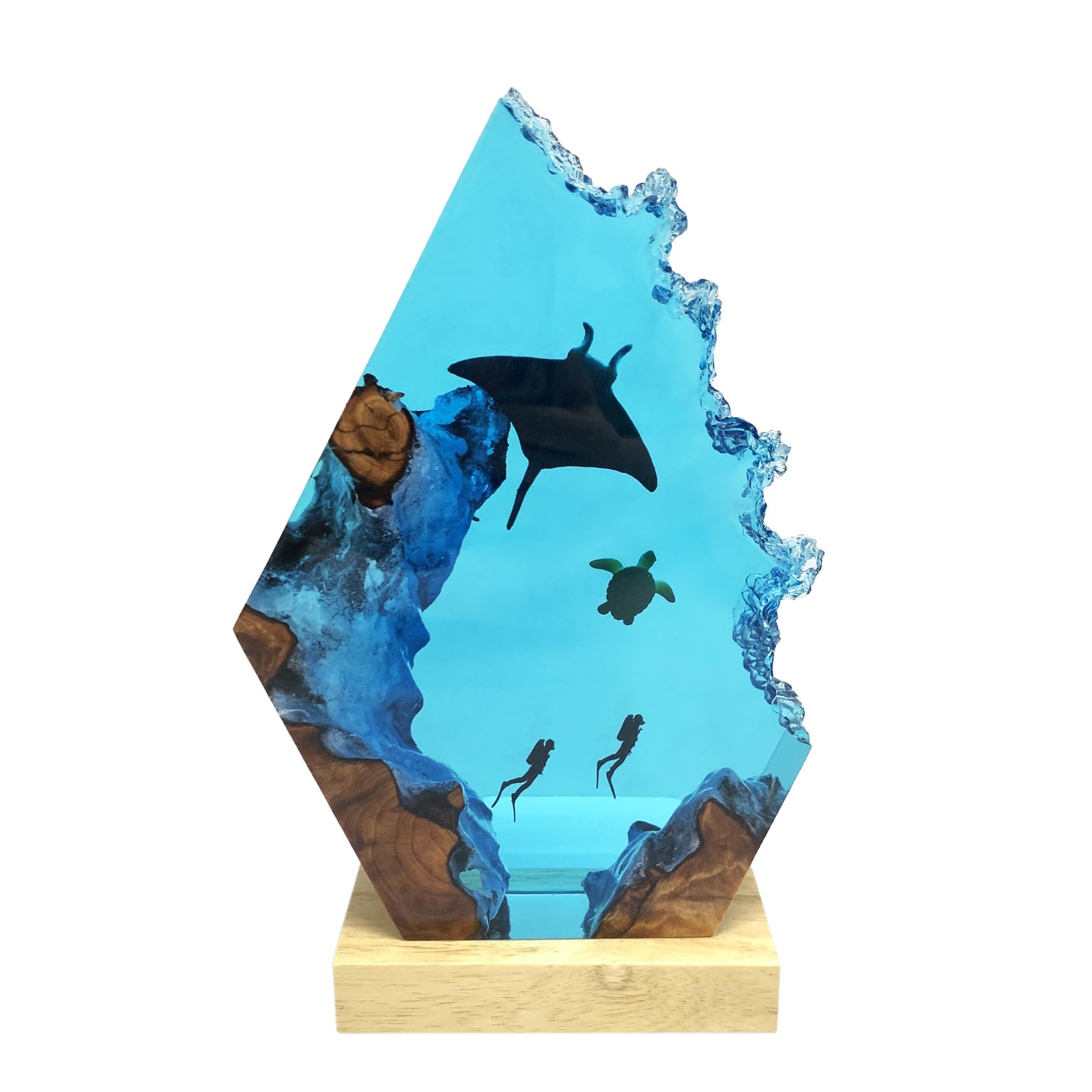 Handmade 3D Ocean Resin Lamp with wooden base