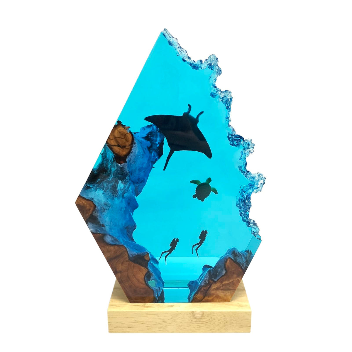 Handmade 3D Ocean Resin Lamp with wooden base