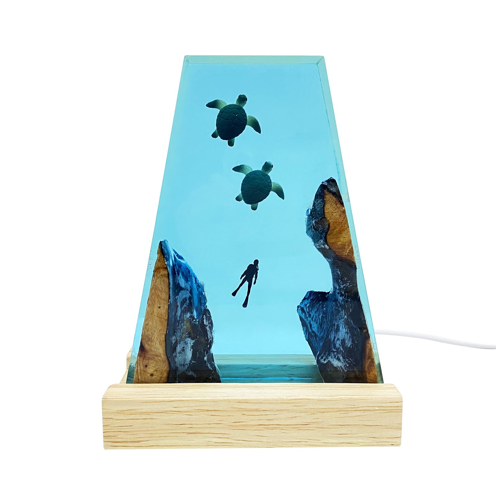 Handmade 3D Ocean Resin Lamp ocean scene with wooden base