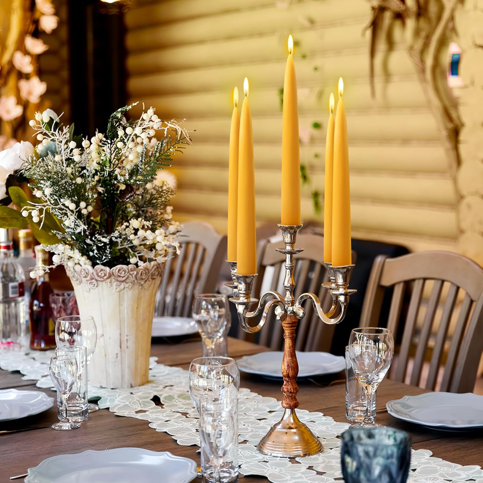 Handmade beeswax taper candle close up