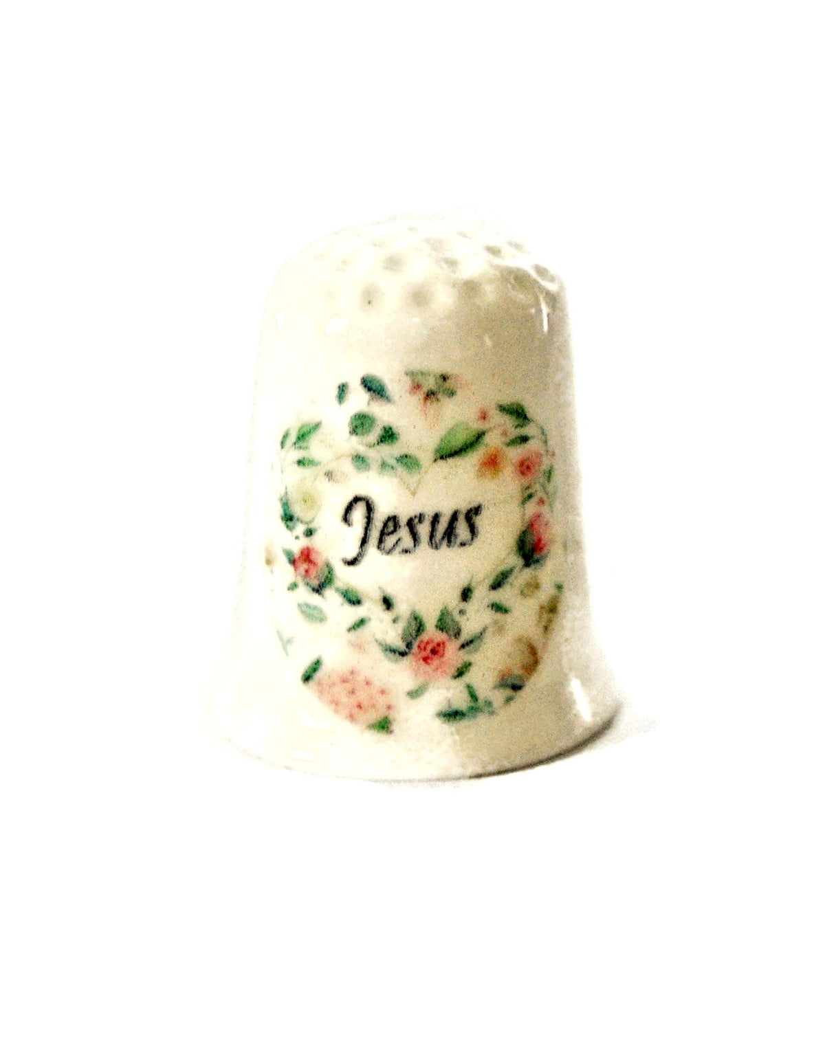 Handmade thimble for Mom with pink flowers and Jesus rose wreath artwork