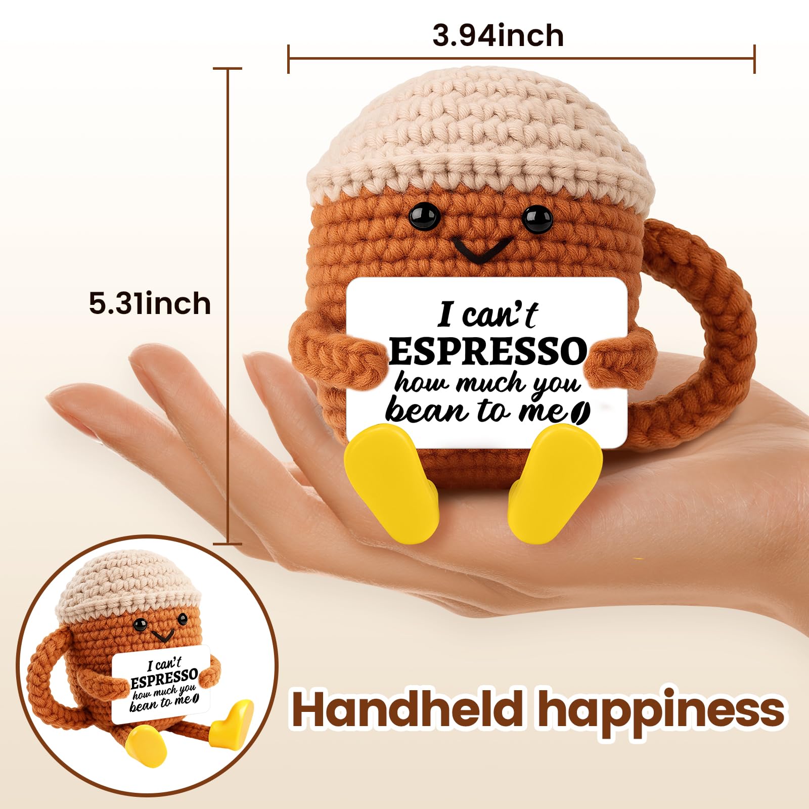 Crochet coffee cup with cream topping and friendly eyes