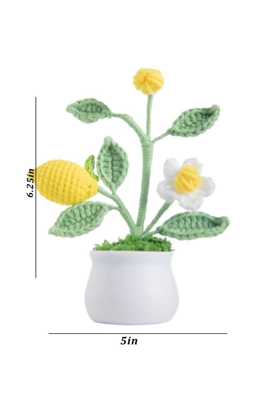 Close up of cotton yarn-woven leaves on lemon tree crochet plant