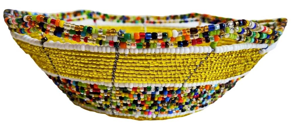 Beaded wire bowl handmade from Africa yellow multicolored beads
