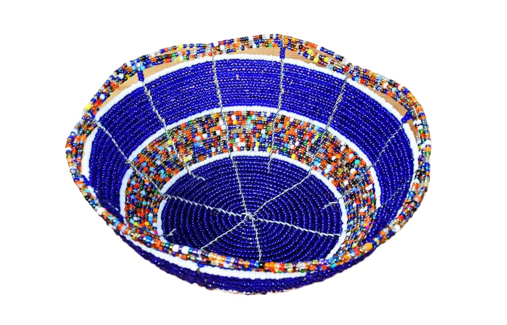 Handmade From Africa beaded wire bowl blue multicolored 6 inches diameter