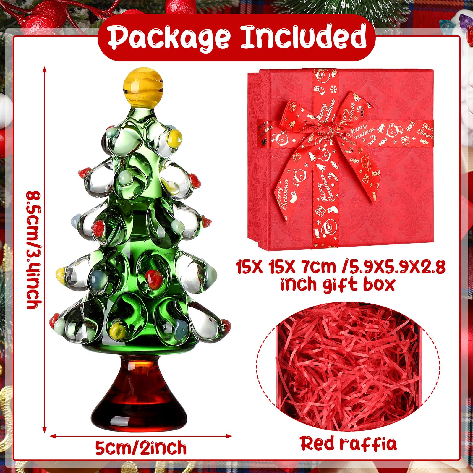 Close up of red green yellow hand blown glass Christmas tree ornament