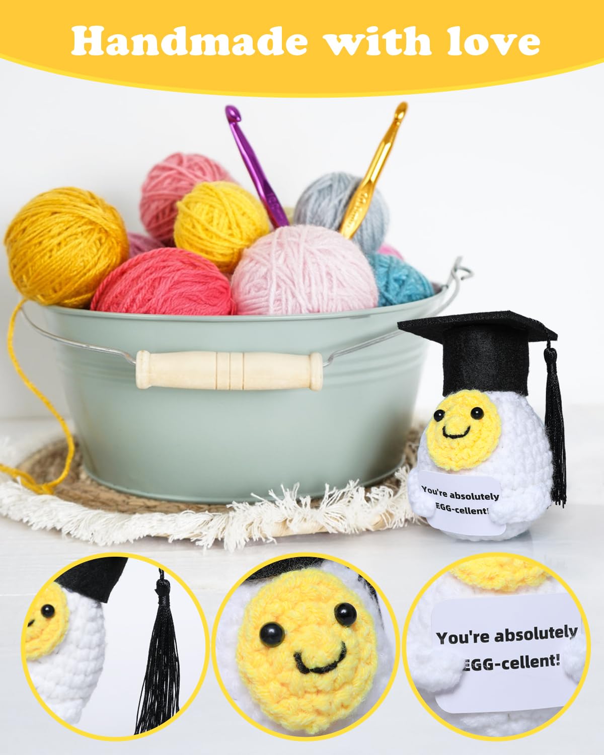Handmade knitted egg plush for graduation display 8x5 cm
