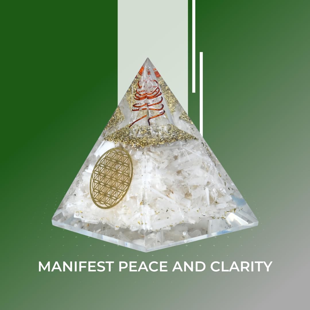 Genuine selenite stone pyramid with copper and resin orgonite