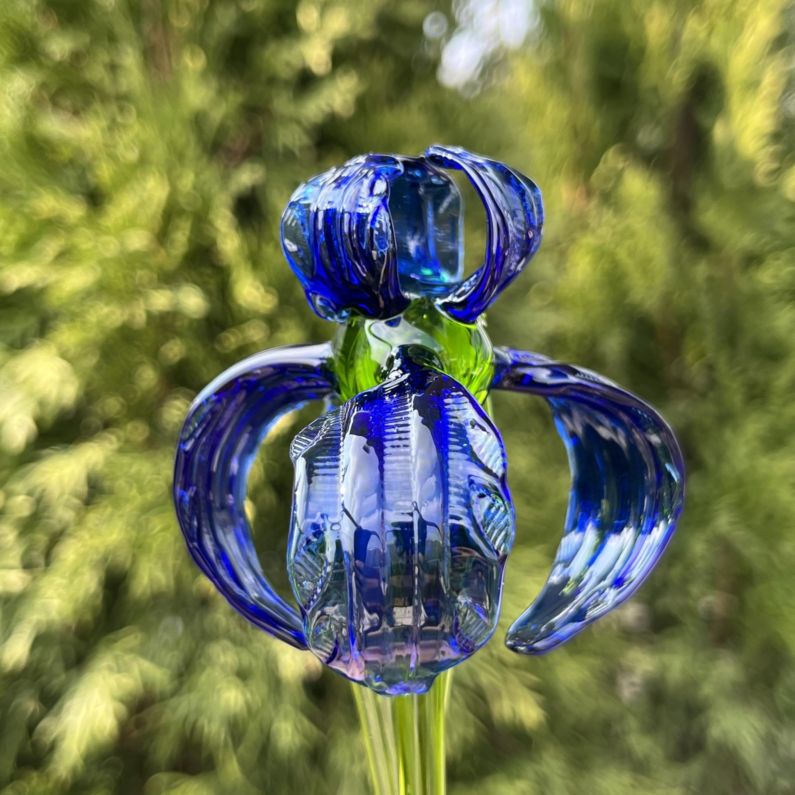 Blue iris flower glass figurine using Murano technique