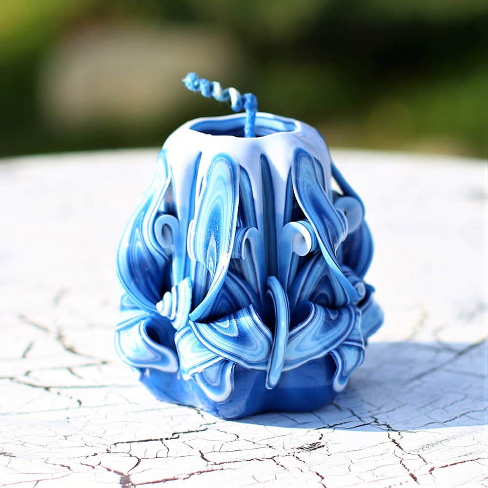 Handmade in Kiev blue carved candle 3 inch display