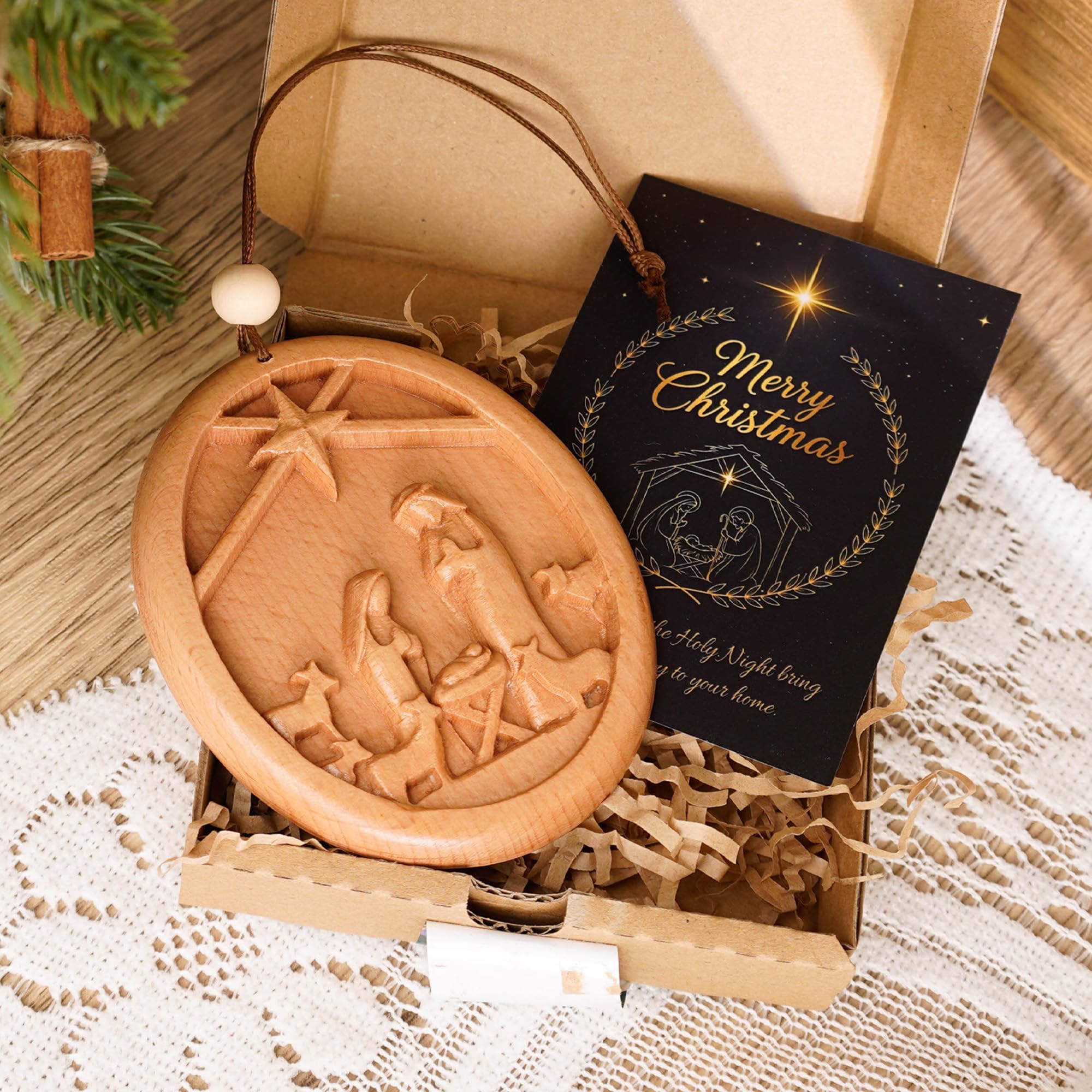 Wooden nativity ornament gift for family or church member