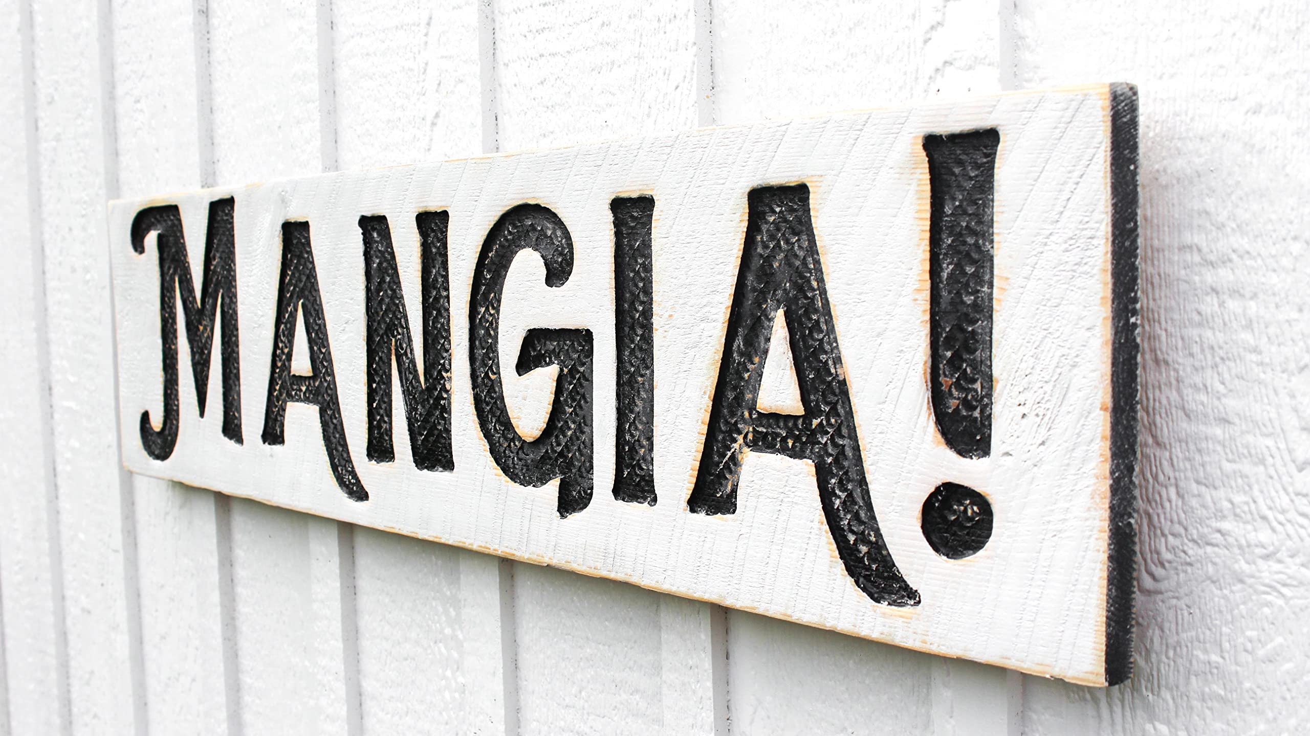 Handmade in NC Mangia sign wired back for hanging