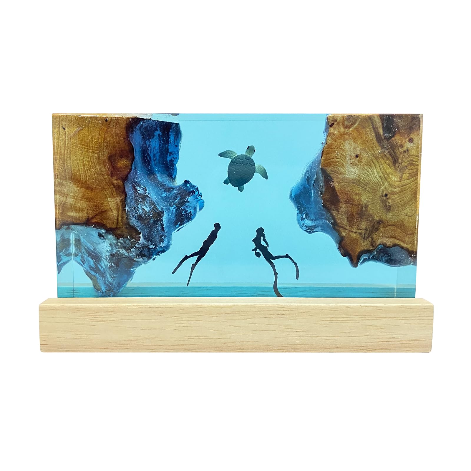 Handmade Ocean Resin Lamp with turtle and diver figures illuminated