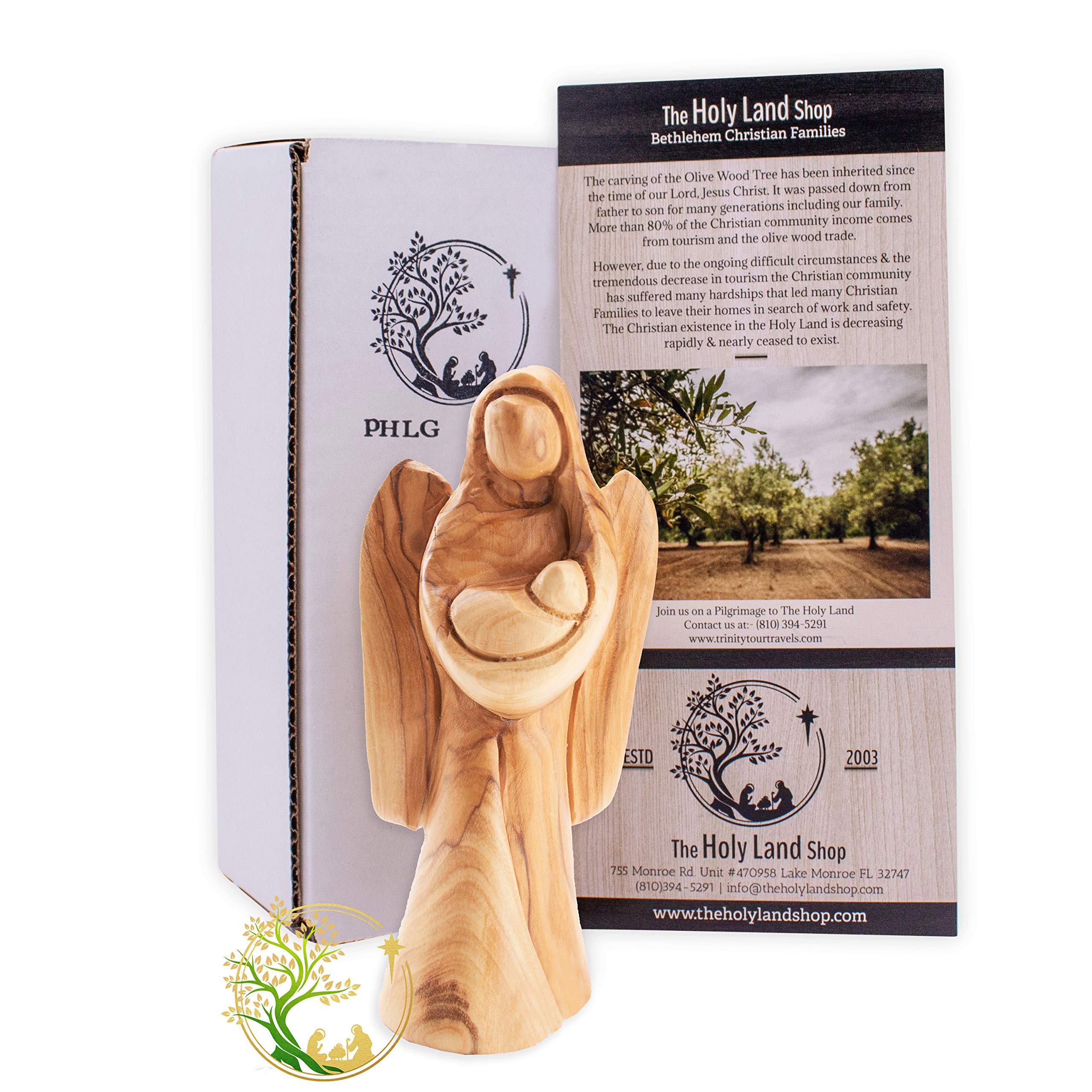 Handmade olive wood guardian angel holding baby statue closeup