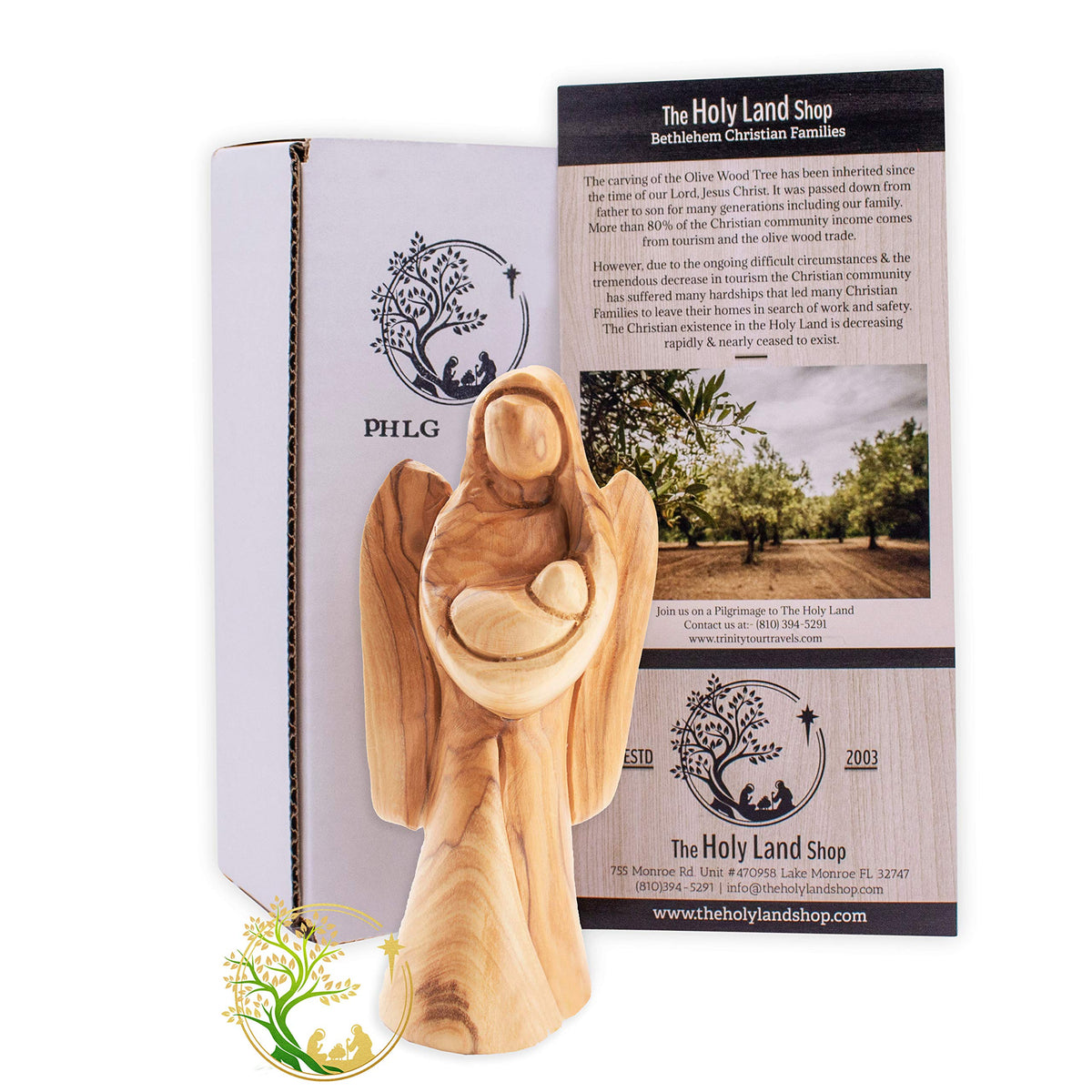 Handmade olive wood guardian angel holding baby statue closeup