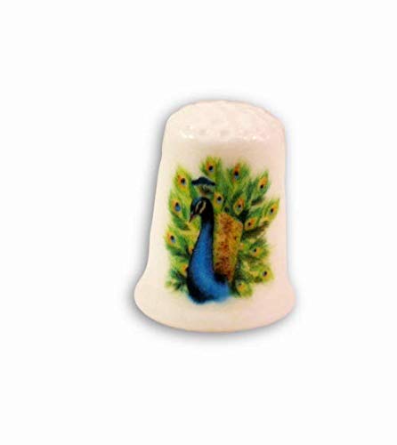 Handmade Peacock Collectible Thimble on china base with peacock decal