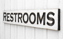 Carved solid wood Restrooms sign with wall hanging wire