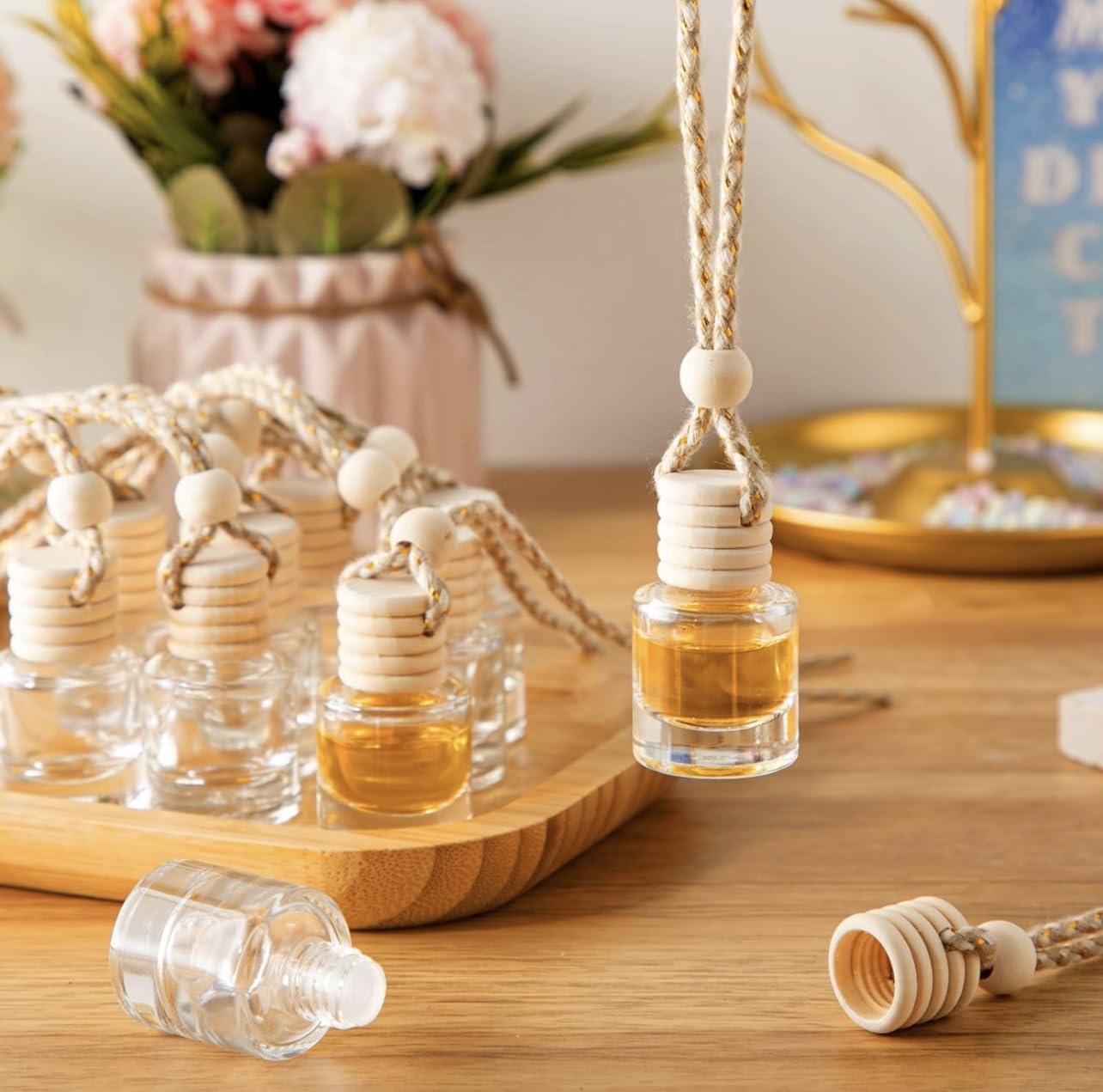 Reusable glass bottle with wooden cap diffuser exhibit