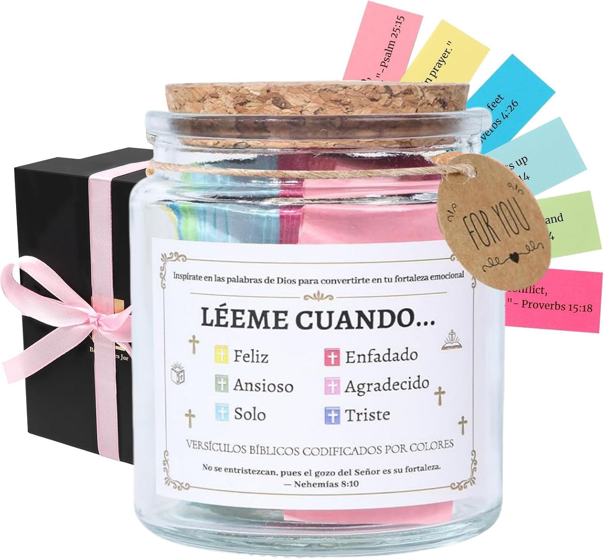 Handmade Spanish Bible Verse Jar with color coded messages