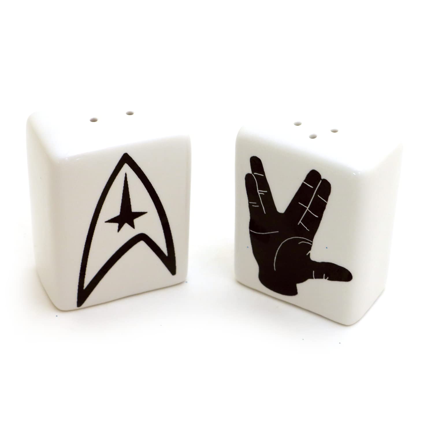 Stoneware salt and pepper shakers with fleet logo and hand sign
