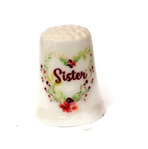 Handmade thimble for Sister with pink floral heart wreath on china base