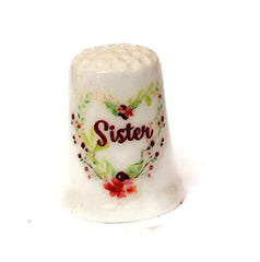 Handmade thimble for Sister with pink floral heart wreath on china base
