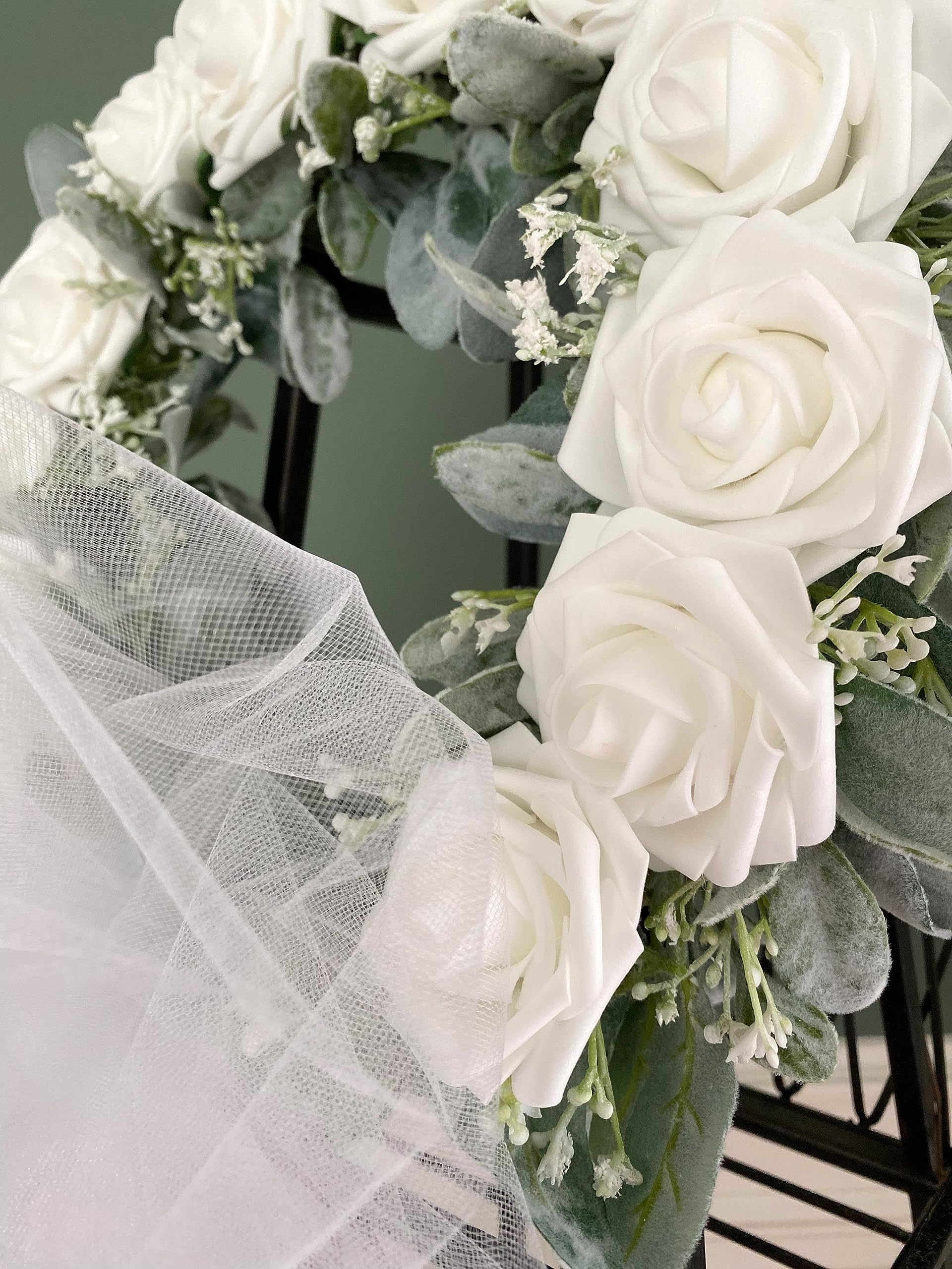 Handmade wedding wreath with baby breath on lambs ear
