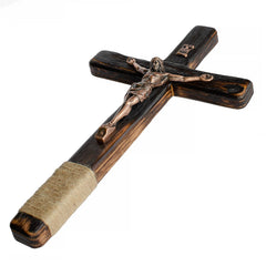 Back ring hanger on rustic wooden Catholic crucifix