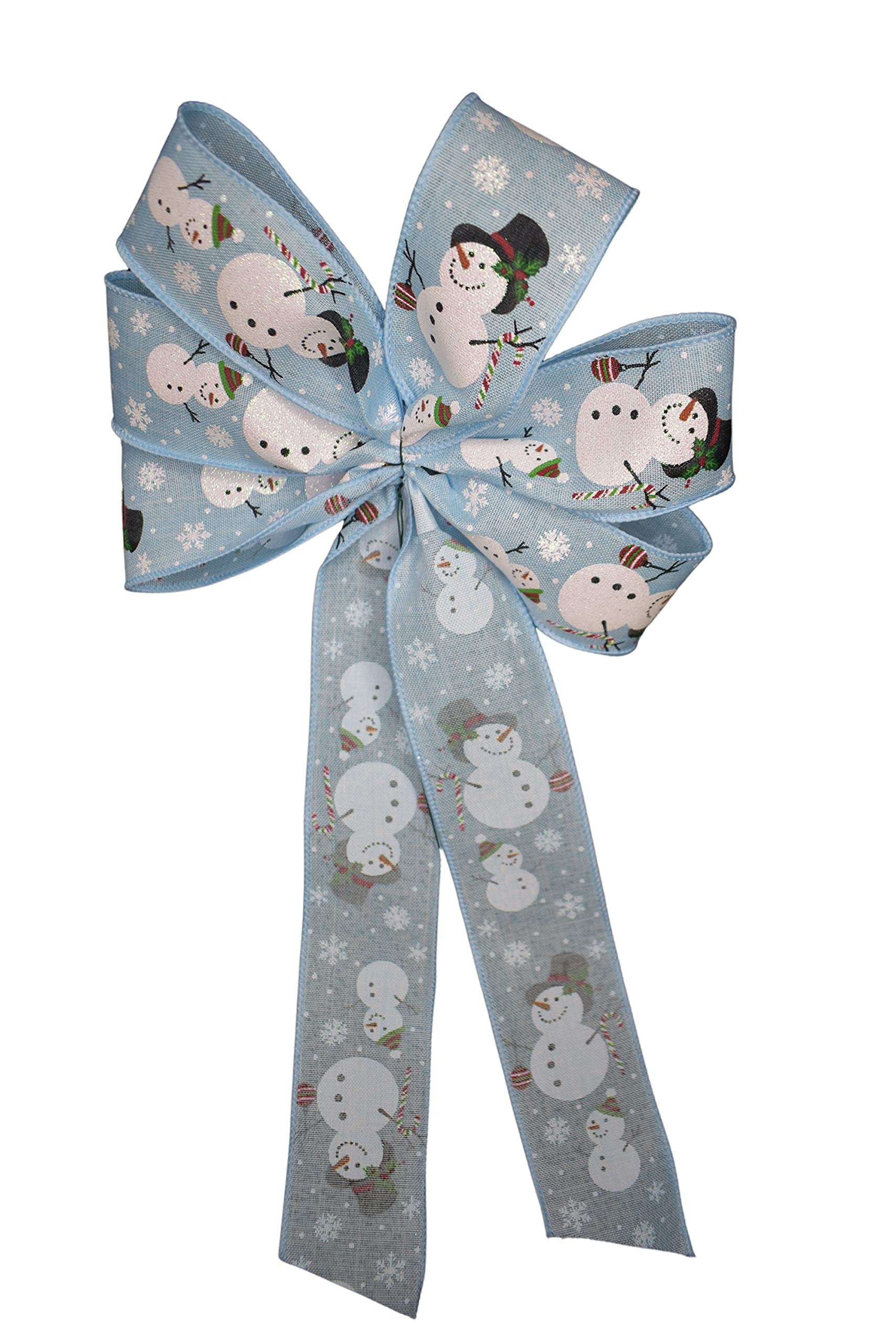 Indoor or sheltered outdoor display snowman blue ribbon bow