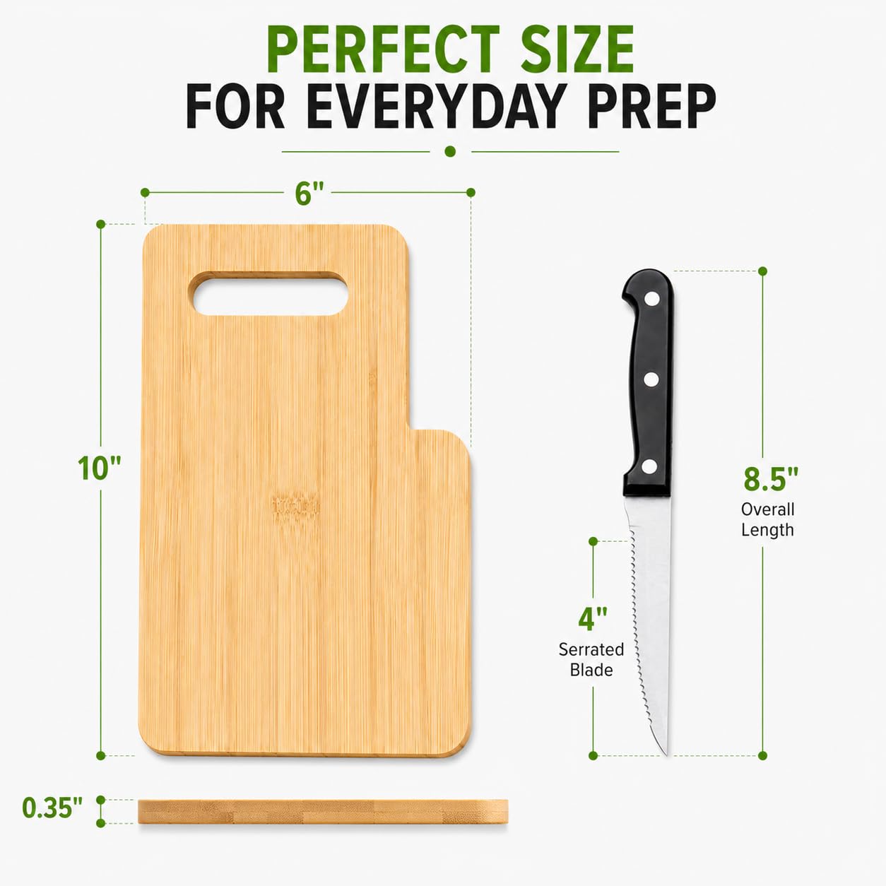 Board dimensions 10 by 6 inches with built-in knife slot