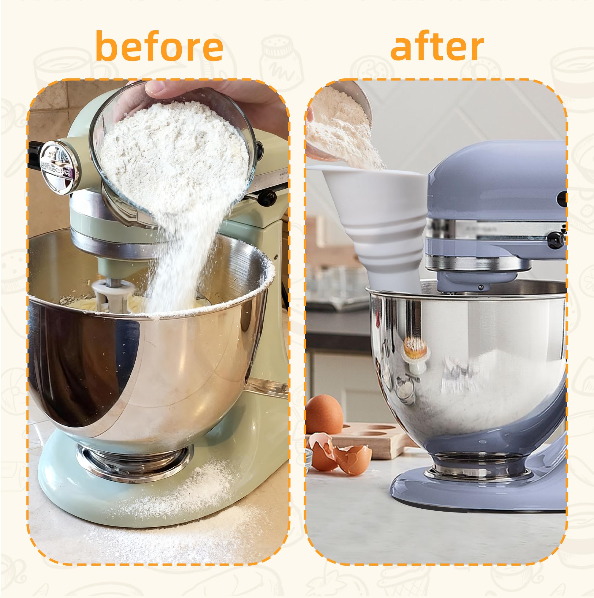 Versatile funnel for baking and cooking compatible with Kitchen Aid mixer