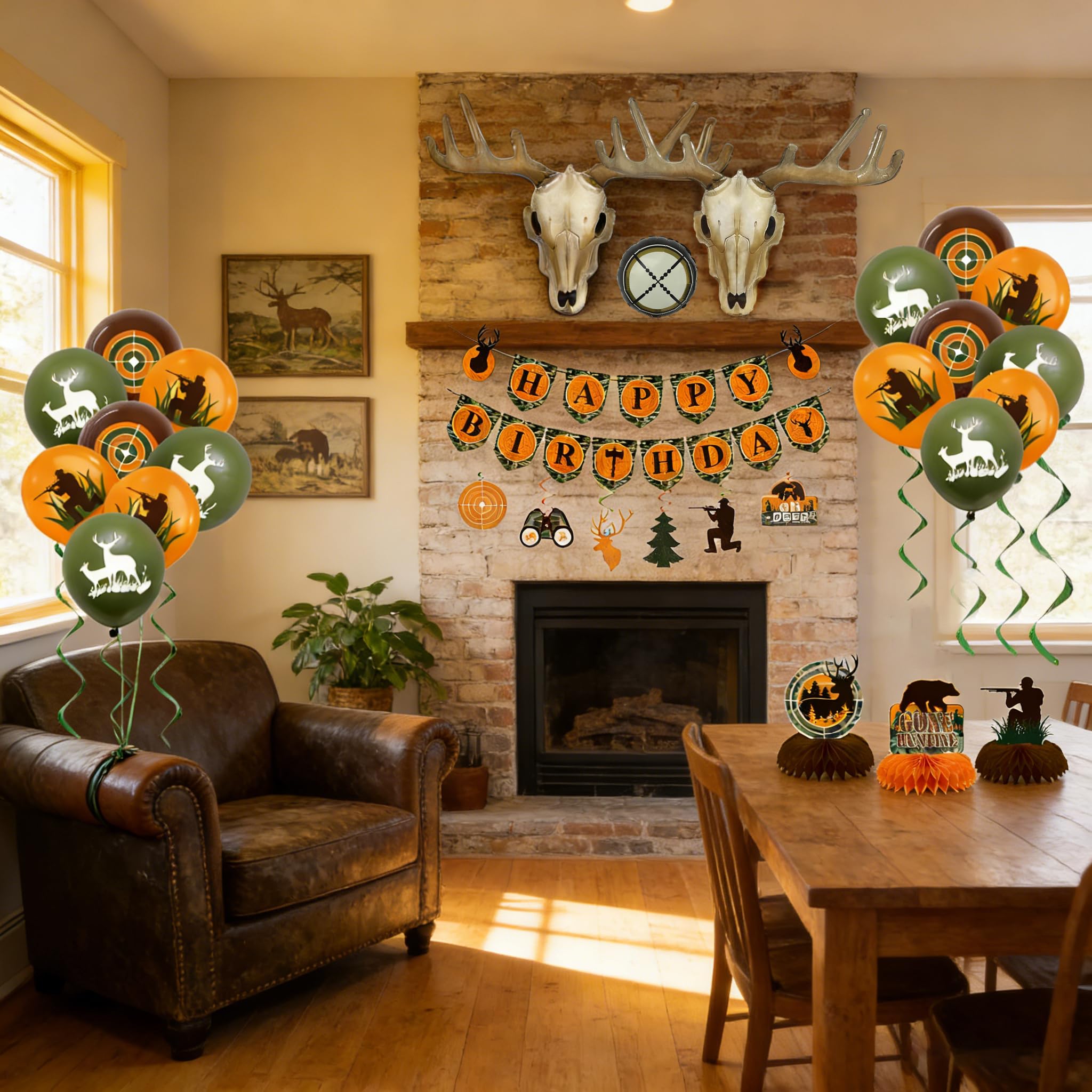Hanging swirl decor for camouflage birthday celebration