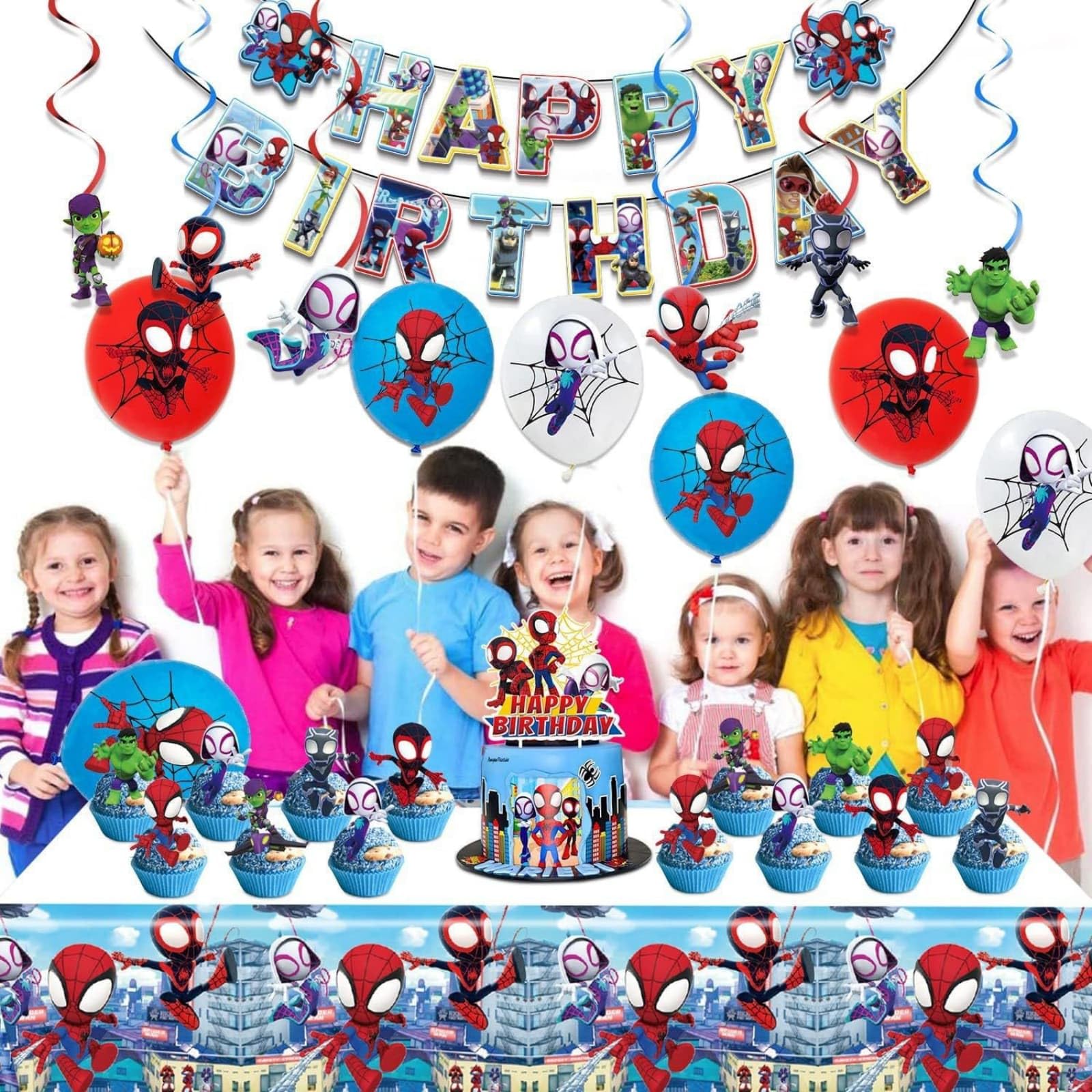 Hanging swirls and tablecloth for spider themed party