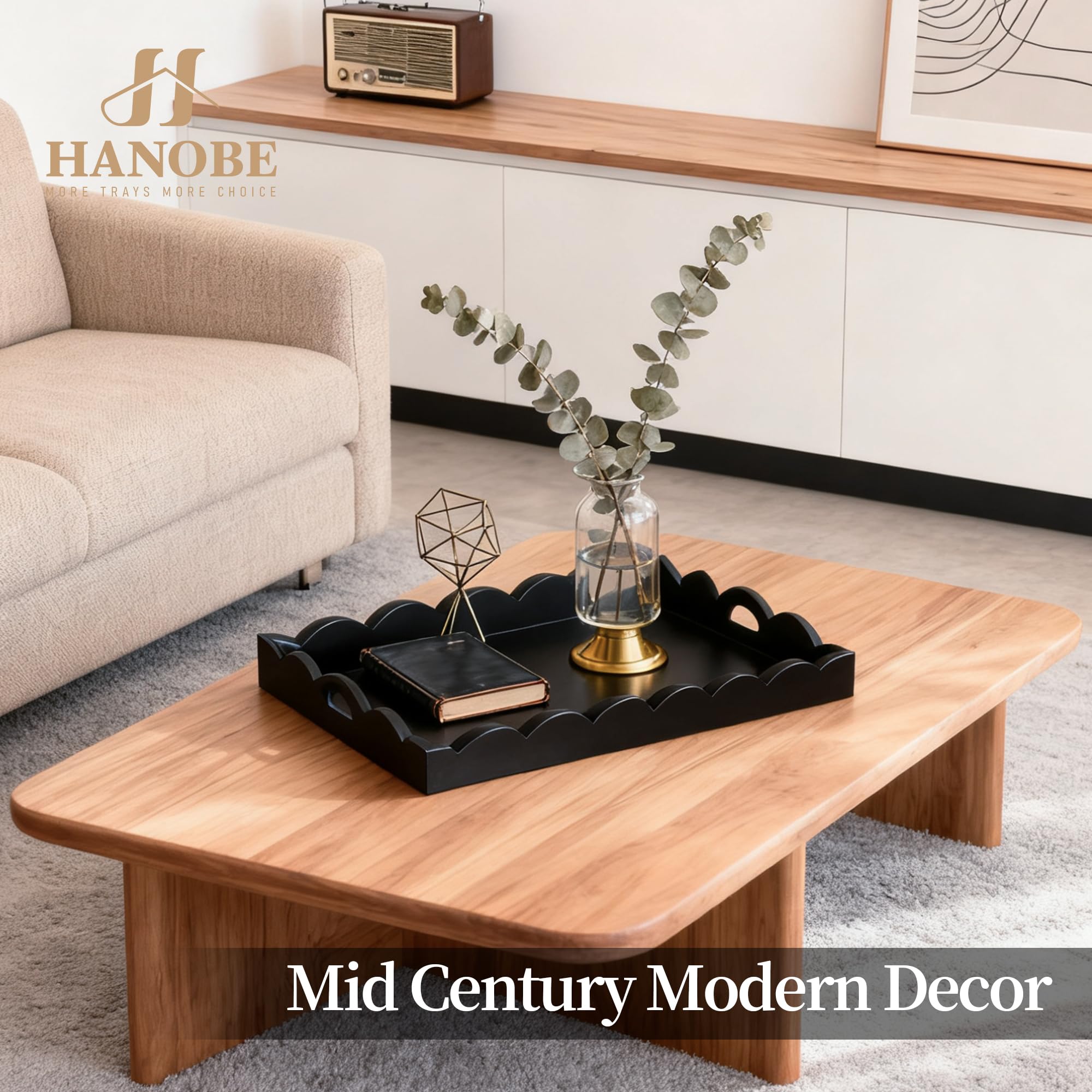 Rectangular black tray with scalloped edge for living room decor