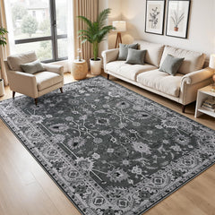 Hanples 5x7 area rug with vintage floral design in black