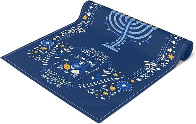 Hanukkah table runner 16x90 Navy Blue with flowers and menorah motif