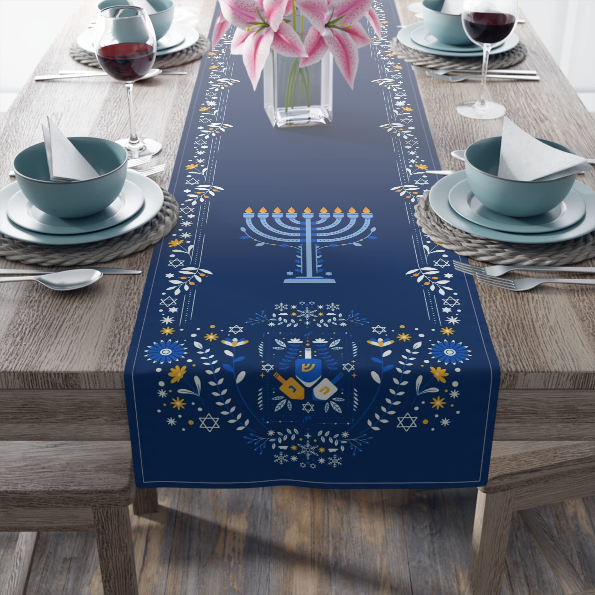 Hanukkah table runner navy blue size 16x90 for decor