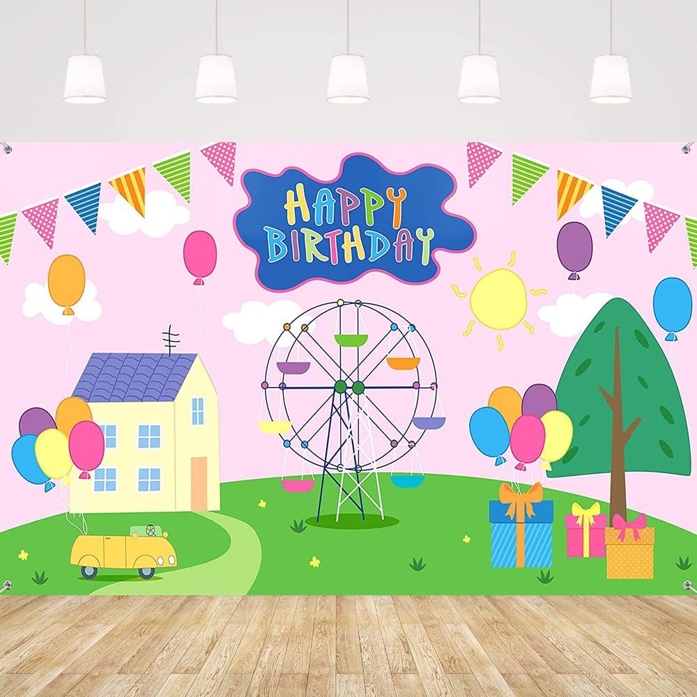 Happy Birthday Backdrop colorful cartoon scene 72.8x43.3 inch