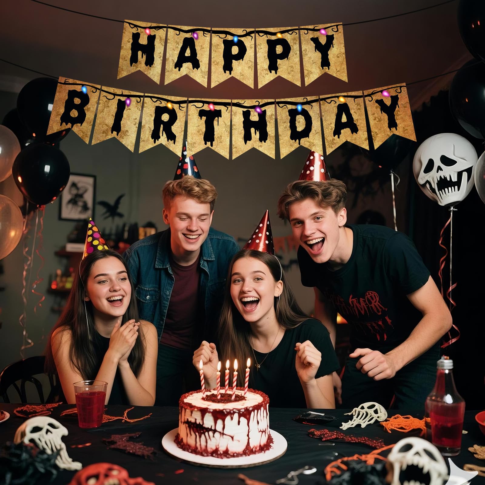 HAPPY BIRTHDAY banner with evil flower and cookie accents