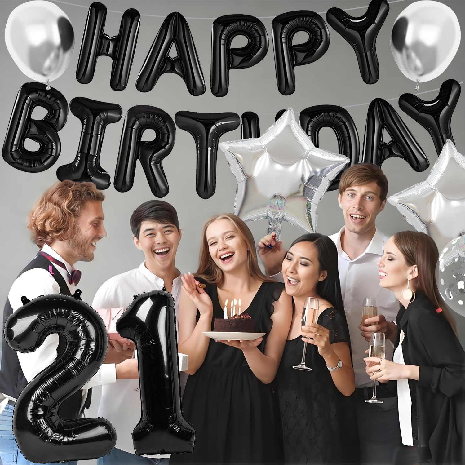 32 inch black 21 balloons cluster with banner for celebration